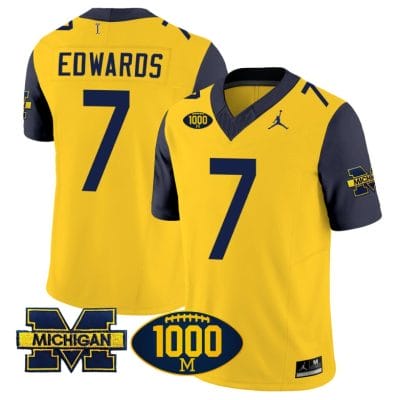Donovan Edwards Jersey #7 Michigan Wolverines 1000 Wins Patch Vapor Limited Football Navy Sleeves 8 Donovan Edwards Jersey #7 Michigan Wolverines 1000 Wins Patch Vapor Limited Football Navy Sleeves