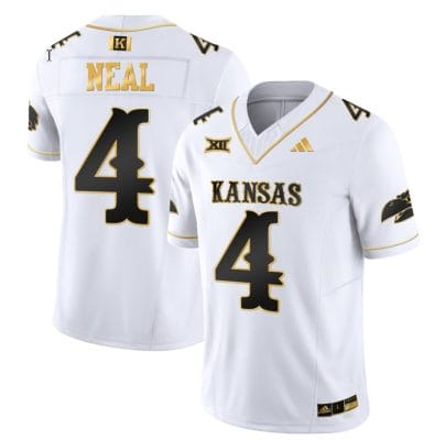 Devin Neal Jersey #4 Kansas Jayhawks Blackhawk Gold Vapor Football White Gold 8 Devin Neal Jersey #4 Kansas Jayhawks Blackhawk Gold Vapor Football White Gold