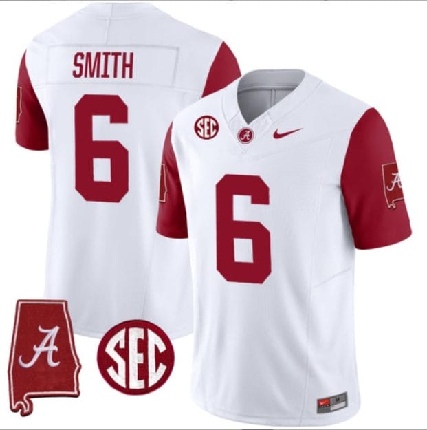 DeVonta Smith Jersey #6 Alabama Crimson Tide Vapor Stitched Football Alabama Map Crimson Sleeves 1 DeVonta Smith Jersey #6 Alabama Crimson Tide Vapor Stitched Football Alabama Map Crimson Sleeves