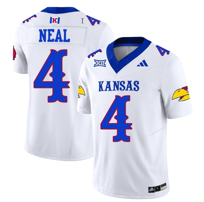 Devin Neal Jersey #4 Kansas Jayhawks Blackhawk Vapor Limited Football White 1 Devin Neal Jersey #4 Kansas Jayhawks Blackhawk Vapor Limited Football White
