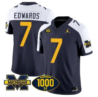 Donovan Edwards Jersey #7 Michigan Wolverines 1000 Wins Patch Vapor Limited Football Navy Alternate 8 Donovan Edwards Jersey #7 Michigan Wolverines 1000 Wins Patch Vapor Limited Football Navy Alternate