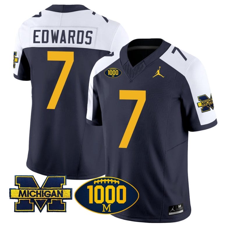Donovan Edwards Jersey #7 Michigan Wolverines 1000 Wins Patch Vapor Limited Football Navy Alternate 1 Donovan Edwards Jersey #7 Michigan Wolverines 1000 Wins Patch Vapor Limited Football Navy Alternate