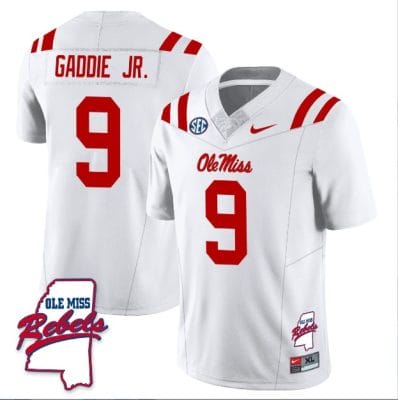 DeShawn Gaddie Jr Jersey #9 Ole Miss Rebels Football Ole Map All Stitched White 10 DeShawn Gaddie Jr Jersey #9 Ole Miss Rebels Football Ole Map All Stitched White