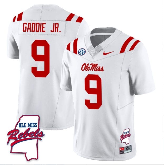 DeShawn Gaddie Jr Jersey #9 Ole Miss Rebels Football Ole Map All Stitched White 1 DeShawn Gaddie Jr Jersey #9 Ole Miss Rebels Football Ole Map All Stitched White