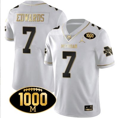 Donovan Edwards Jersey #7 Michigan Wolverines 1000 Wins Patch Football All Stitched White Gold 8 Donovan Edwards Jersey #7 Michigan Wolverines 1000 Wins Patch Football All Stitched White Gold