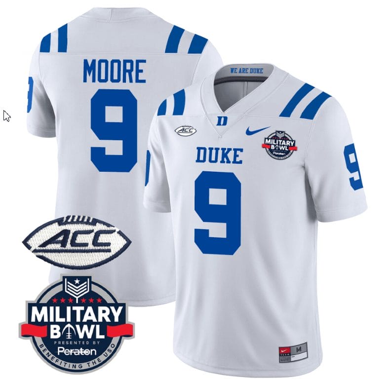 Jaquez Moore Jersey #9 Duke Blue Devils Football Limited White - Military Bowl 1 Jaquez Moore Jersey #9 Duke Blue Devils Football Limited White - Military Bowl