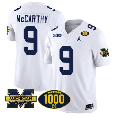 JJ McCarthy Jersey #9 Michigan Wolverines 1000 Wins Patch Vapor College Football White