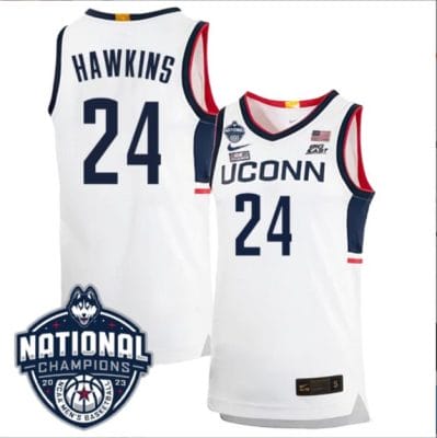 Jordan Hawkins Jersey #24 UConn Huskies 2023 National Champions College Basketball White Home 8 Jordan Hawkins Jersey #24 UConn Huskies 2023 National Champions College Basketball White Home