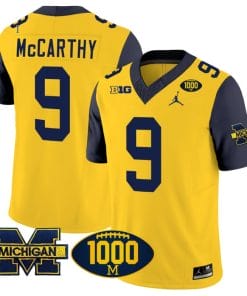 JJ McCarthy Jersey #9 Michigan Wolverines 1000 Wins Patch Vapor College Football Navy Sleeves