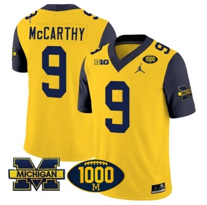 JJ McCarthy Jersey #9 Michigan Wolverines 1000 Wins Patch Vapor College Football Navy Sleeves