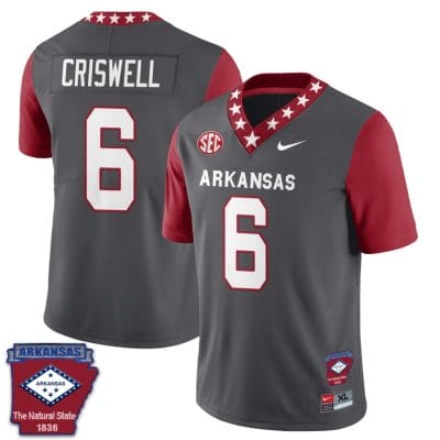 Jacolby Criswell Jersey #6 Arkansas Razorback Football Arkansas Patch Red Sleeves