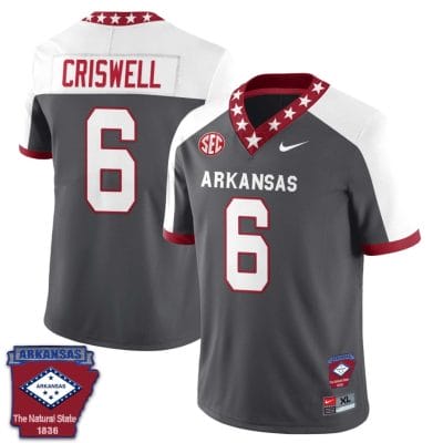 Jacolby Criswell Jersey #6 Arkansas Razorback Football Arkansas Patch White Alternate
