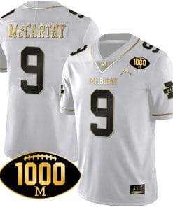 JJ McCarthy Jersey #9 Michigan Wolverines 1000 Wins Patch Football All Stitched White Gold