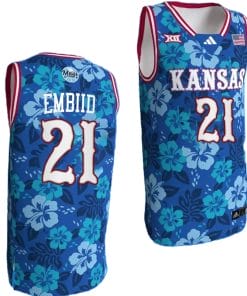 Joel Embiid Jersey #21 Kansas Jayhawks Bill Self Game College Basketball Blue Maui Strong