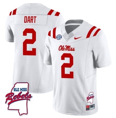 Jaxson Dart Jersey #2 Ole Miss Rebels Football Ole Map All Stitched White