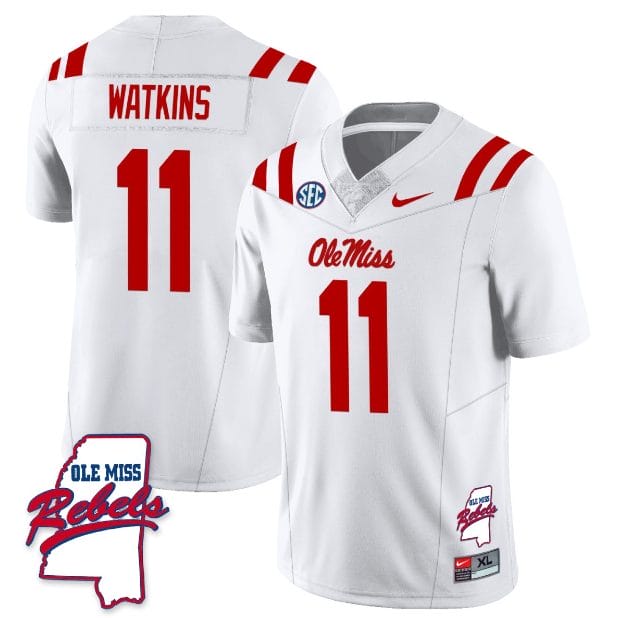 Jordan Watkins Jersey #11 Ole Miss Rebels Football Ole Map All Stitched White 1 Jordan Watkins Jersey #11 Ole Miss Rebels Football Ole Map All Stitched White