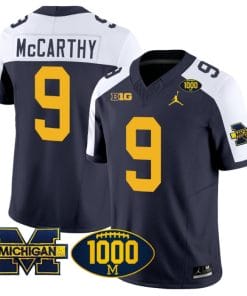 JJ McCarthy Jersey #9 Michigan Wolverines 1000 Wins Patch Vapor College Football Navy Alternate