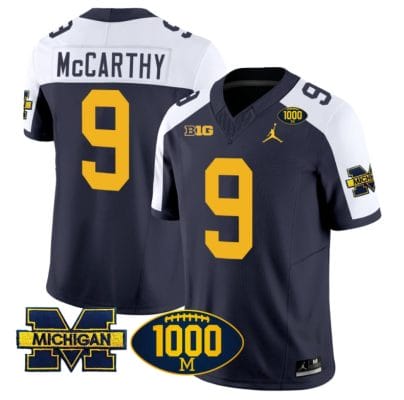 JJ McCarthy Jersey #9 Michigan Wolverines 1000 Wins Patch Vapor College Football Navy Alternate