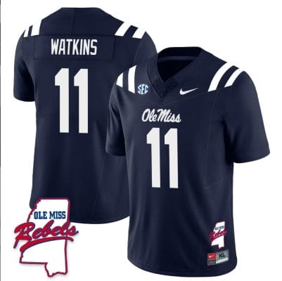 Jordan Watkins Jersey #11 Ole Miss Rebels Football Ole Map All Stitched Navy