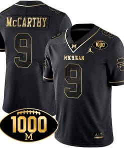 JJ McCarthy Jersey #9 Michigan Wolverines 1000 Wins Patch Football All Stitched Black Gold