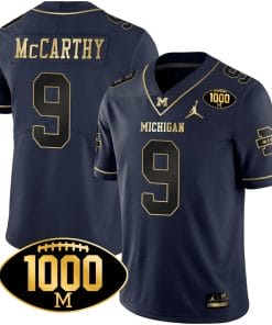 JJ McCarthy Jersey #9 Michigan Wolverines 1000 Wins Patch Football All Stitched Navy Gold