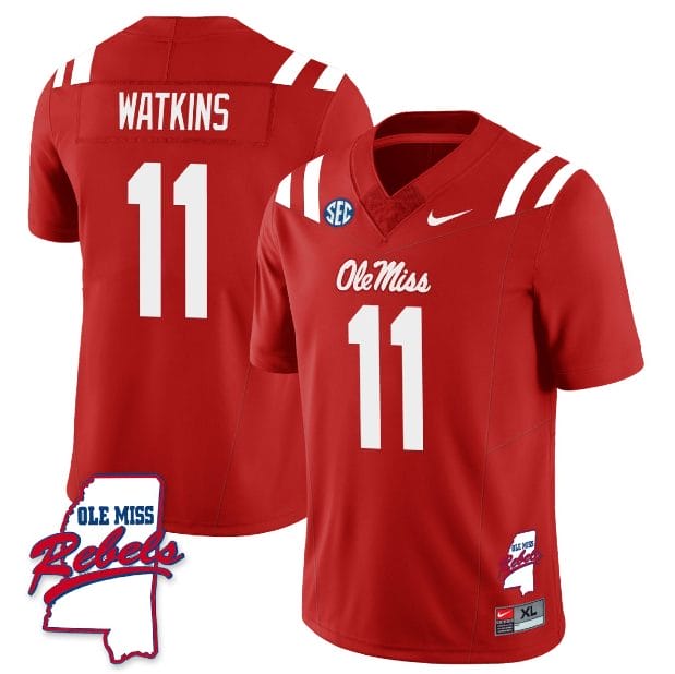 Jordan Watkins Jersey #11 Ole Miss Rebels Football Ole Map All Stitched Red 1 Jordan Watkins Jersey #11 Ole Miss Rebels Football Ole Map All Stitched Red