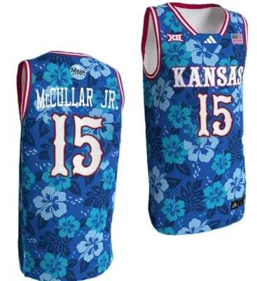 Kevin McCullar Jr Jersey #15 Kansas Jayhawks Bill Self Game College Basketball Blue Maui Strong