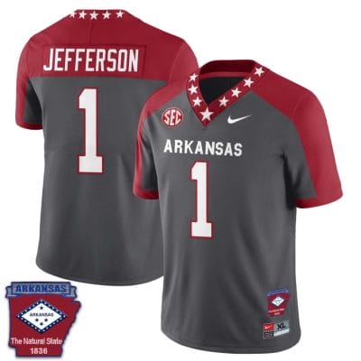 KJ Jefferson Jersey #1 Arkansas Razorback Football Arkansas State Patched All Stitched Red Alternate