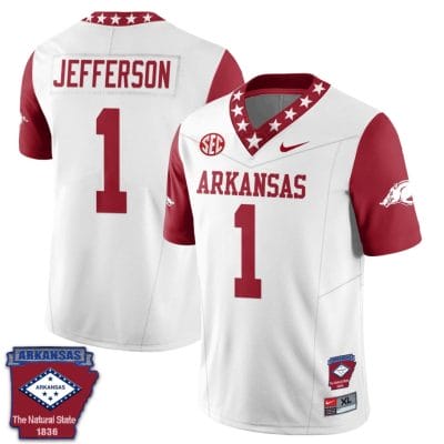 KJ Jefferson Jersey #1 Arkansas Razorback Football Arkansas Patched All Stitched Red Sleeves