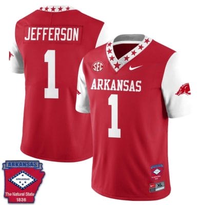 KJ Jefferson Jersey #1 Arkansas Razorback Football Arkansas Patched All Stitched White Sleeves