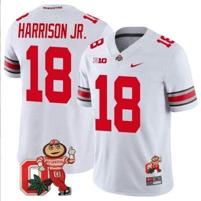 Marvin Harrison Jr Jersey #18 Ohio State Buckeyes Mascot Patch College Football White 8 Marvin Harrison Jr Jersey #18 Ohio State Buckeyes Mascot Patch College Football White