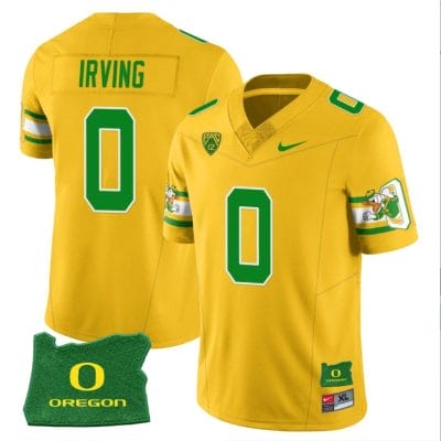 Mar'Keise Irving Jersey #0 Oregon Ducks ‘Mighty Oregon’ Throwback Football Uniforms Oregon State Patch Yellow