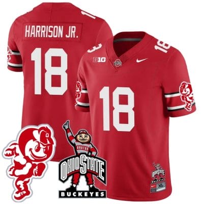 Marvin Harrison Jr Jersey #18 Ohio State Buckeyes Football Stitched Brutus Buckeye Patch Scarlet
