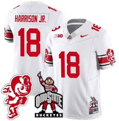 Marvin Harrison Jr Jersey #18 Ohio State Buckeyes Football Stitched Brutus Buckeye Patch White 8 Marvin Harrison Jr Jersey #18 Ohio State Buckeyes Football Stitched Brutus Buckeye Patch White