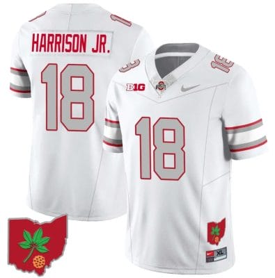 Marvin Harrison Jr Jersey #18 Ohio State Buckeyes Football Stitched Ohio Map Patch White