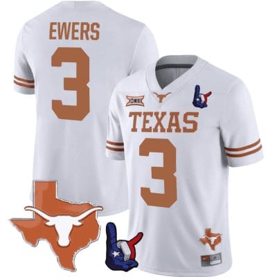 Quinn Ewers Jersey #3 Texas Longhorns Texas State Map and Throwing Up The H Patch Football White 8 Quinn Ewers Jersey #3 Texas Longhorns Texas State Map and Throwing Up The H Patch Football White