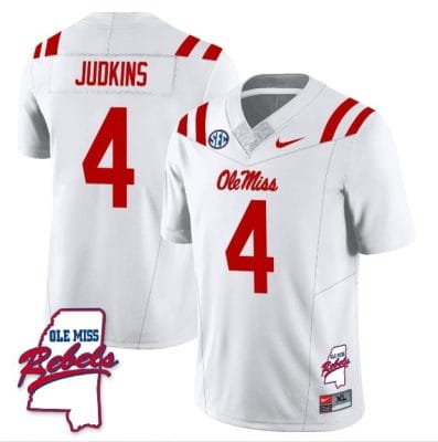 Quinshon Judkins Jersey #4 Ole Miss Rebels Football Ole Map All Stitched White