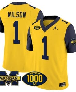 Roman Wilson Jersey #1 Michigan Wolverines 1000 Wins Patch Vapor Limited Football Navy Sleeves