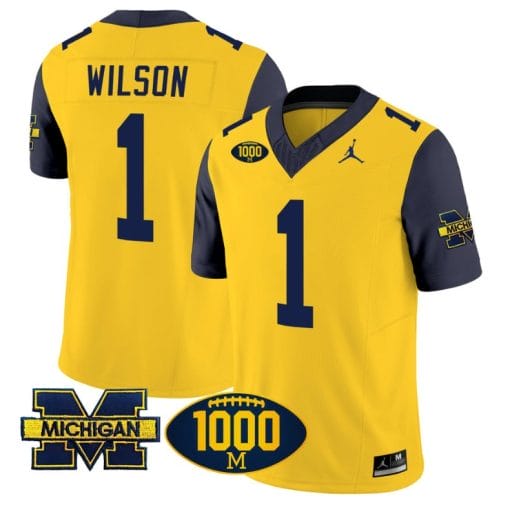 Roman Wilson Jersey #1 Michigan Wolverines 1000 Wins Patch Vapor Limited Football Navy Sleeves