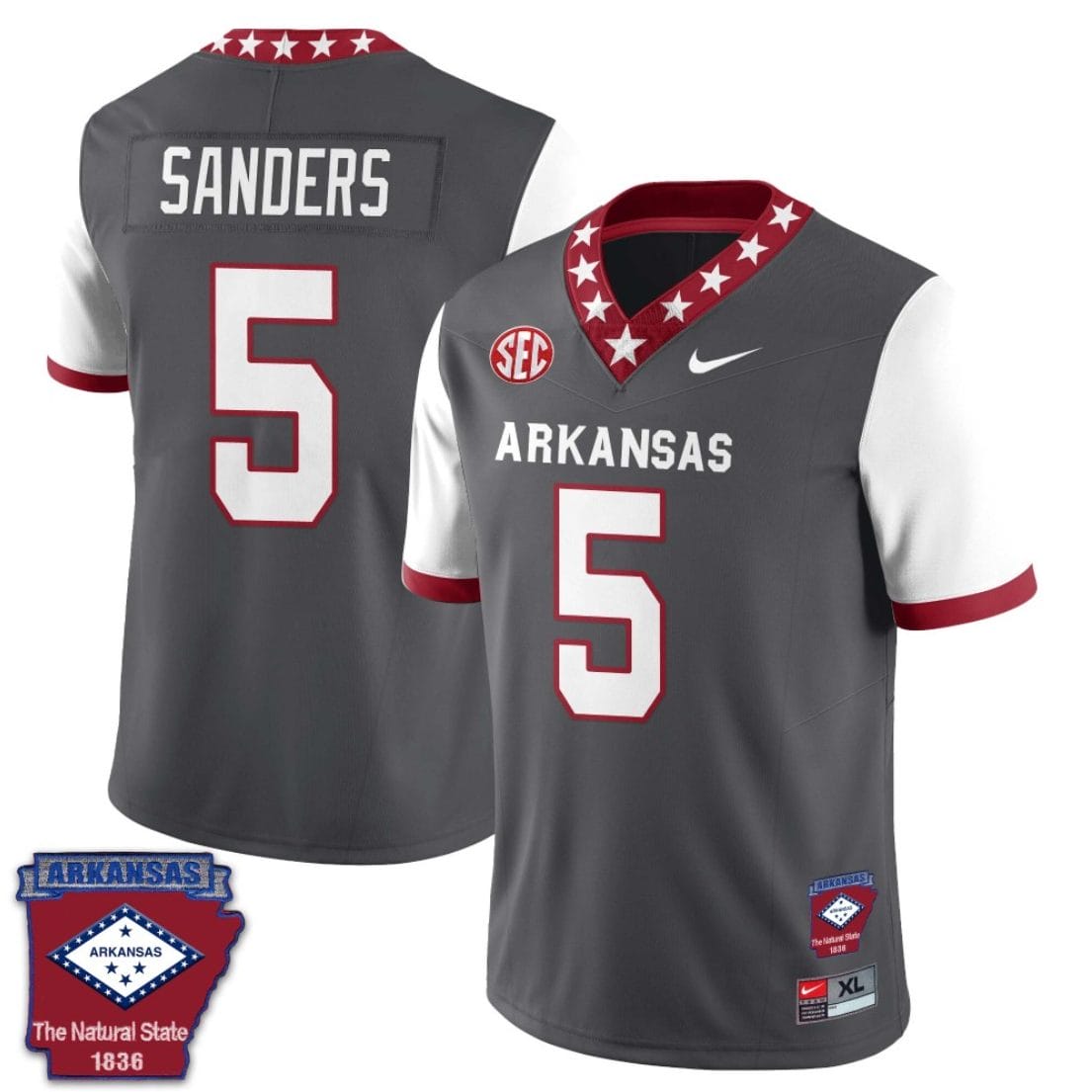 Raheim Sanders Jersey #5 Arkansas Razorback Football Arkansas State Patch White Sleeves 1 Raheim Sanders Jersey #5 Arkansas Razorback Football Arkansas State Patch White Sleeves