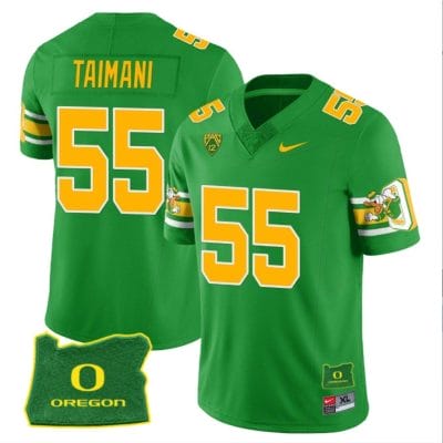 Sam Taimani Jersey #55 Oregon Ducks ‘Mighty Oregon’ Throwback Football Uniforms Oregon State Patch Green