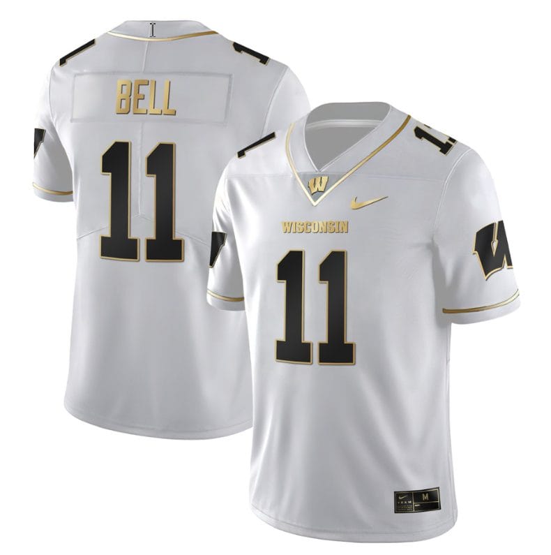 Skyler Bell Jersey #11 Wisconsin Badgers Gold Vapor College Football White Gold 1 Skyler Bell Jersey #11 Wisconsin Badgers Gold Vapor College Football White Gold