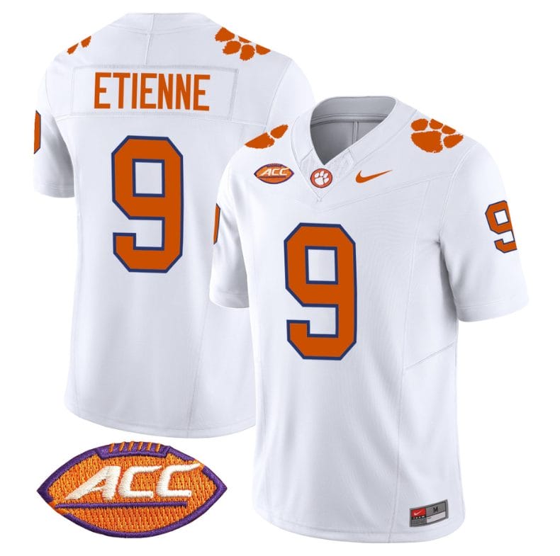 Travis Etienne Jersey #9 Clemson Tigers Vapor Limited Acc Patch College Football Stitched White 1 Travis Etienne Jersey #9 Clemson Tigers Vapor Limited Acc Patch College Football Stitched White