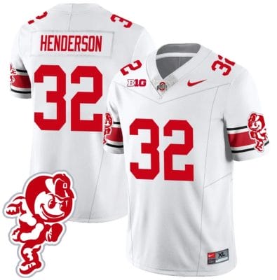 TreVeyon Henderson Jersey #32 Ohio State Buckeyes Football 2023 Stitched Brutus Buckeye Patch White