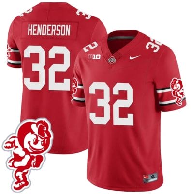 TreVeyon Henderson Jersey #32 Ohio State Buckeyes Football 2023 Stitched Brutus Buckeye Patch Scarlet