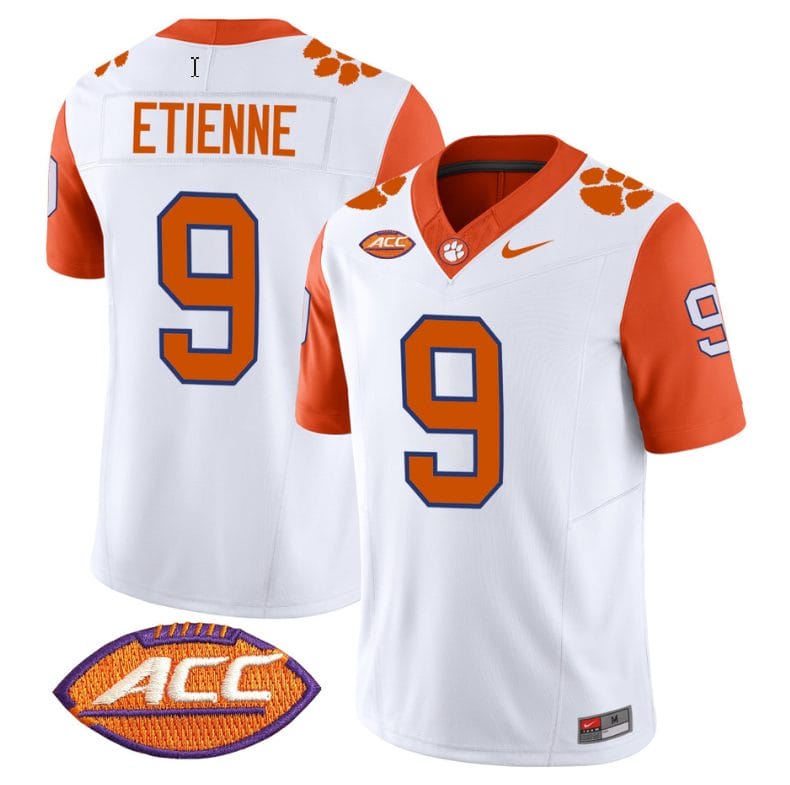 Travis Etienne Jersey #9 Clemson Tigers Vapor Limited Acc Patch College Football Stitched Orange Sleeves 1 Travis Etienne Jersey #9 Clemson Tigers Vapor Limited Acc Patch College Football Stitched Orange Sleeves