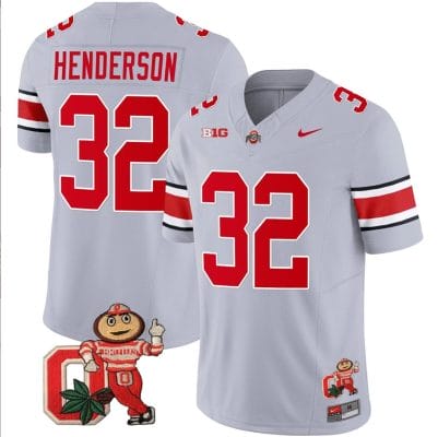 TreVeyon Henderson Jersey #32 Ohio State Buckeyes Mascot Patch College Football Gray 8 TreVeyon Henderson Jersey #32 Ohio State Buckeyes Mascot Patch College Football Gray