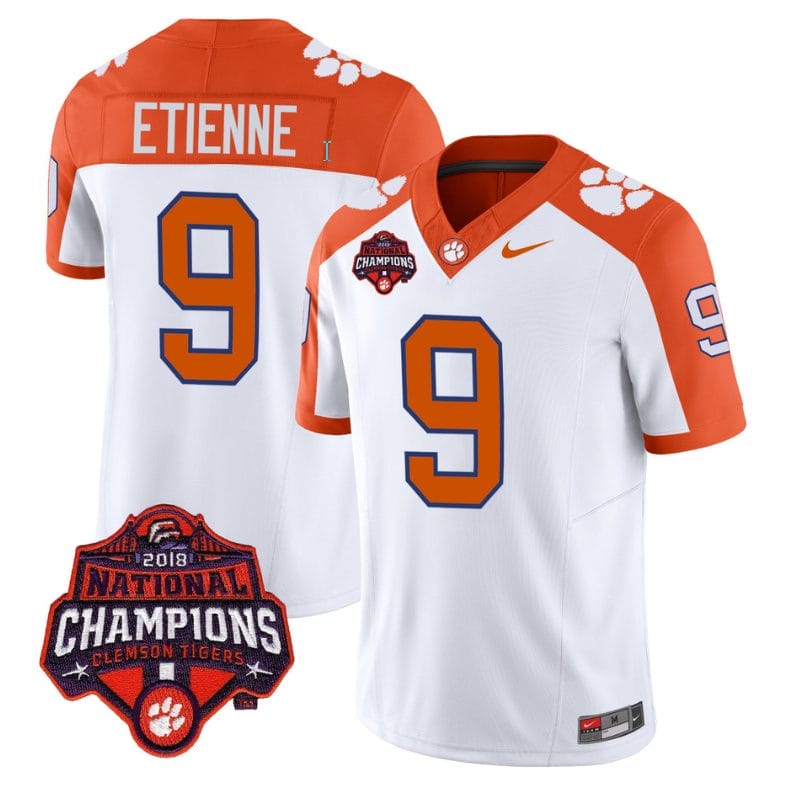 Travis Etienne Jersey #9 Clemson Tigers Vapor Limited Champions Patch College Football Stitched Inverted 1 Travis Etienne Jersey #9 Clemson Tigers Vapor Limited Champions Patch College Football Stitched Inverted