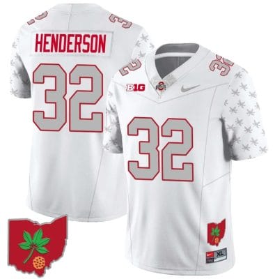 TreVeyon Henderson Jersey #32 Ohio State Buckeyes Football Stitched Ohio Map Patch White Special