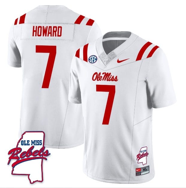 Walker Howard Jersey #7 Ole Miss Rebels Football Ole Map All Stitched White 1 Walker Howard Jersey #7 Ole Miss Rebels Football Ole Map All Stitched White